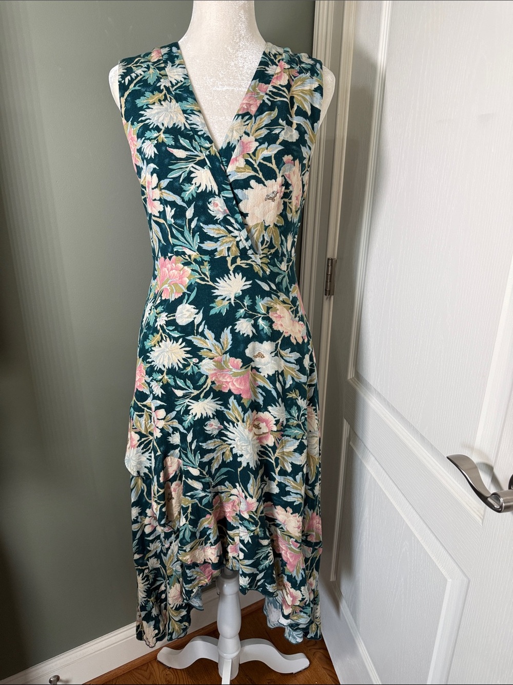 Everly Large Teal Floral Faux Wrap-Style High Low Ruffle Midi Dress